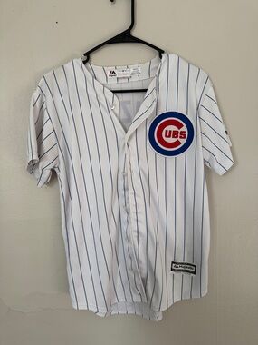Majestic White Pinstripe Chicago Cubs Youth Jersey with Blue Accents